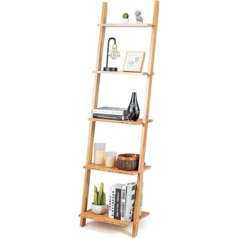 COSTWAY Estantería de Escalera de 5 Niveles, Moderna Estantería de Bambú Inclinada, Estantería con Almacenaje Abierto, Estantes de Exhibición para Sala de Estar Cocina Oficina, Estante Multifuncional (1/5)