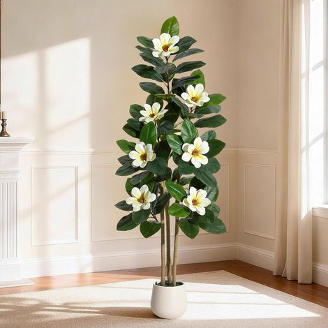 Arbre Ficus Faux 152 cm  Plante Artificielle Intérieur Feuilles Toucher Réel & Troncs Multiples  Pot Fausse Plante Avec Fleurs Blanches Pour Décoration Maison Bureau Salon (1/5)