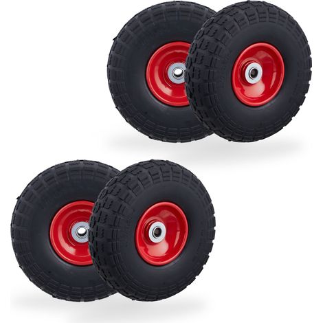 Relaxdays 4 Ruedas de Carro Antipinchazos, Macizas, 4.10/3.50-4", Llantas de Acero, 150 kg, 260x85mm, Negro y Rojo