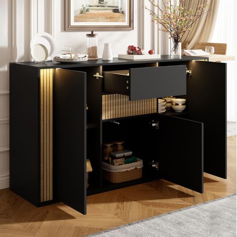 Credenza moderna con 3 ante, 1 cassetto e LED regolabile, nero effetto legno, 140 x 40 x 82 cm (1/5)