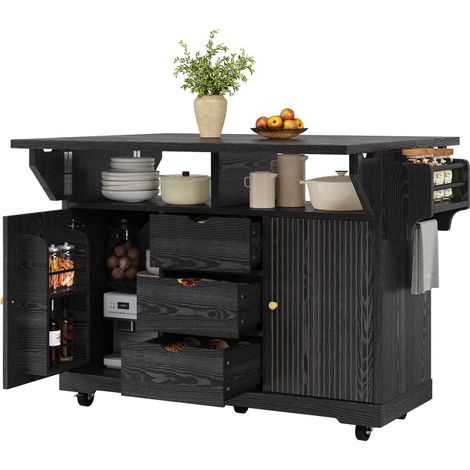 Ilot cuisine extensible 142,5×80×95cm,desserte buffet rangement sur roulettes,3 tiroirs,table de cuisine mobile avec plans rabattables,Noir (1/5)