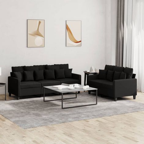 2-tlg. Sofagarnitur mit Kissen Schwarz Stoff