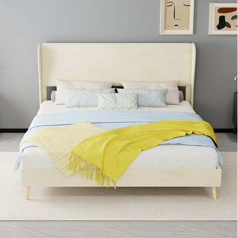 Lit rembourré en tissu et métal beige 160x200 cm avec tête de lit, sans matelas (1/5)