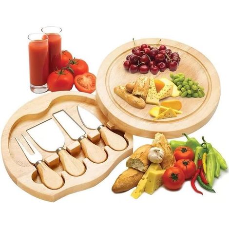 Plateau à fromage rond en bois avec 4 couteaux et tiroir coulissant - Service à charcuterie de 20 cm pour les réceptions (1/5)