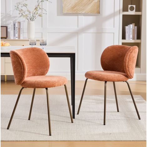 Sedia da pranzo in chenille arancione con schienale curvo e gambe in metallo bronzo,52×46.5×80cm (1/5)
