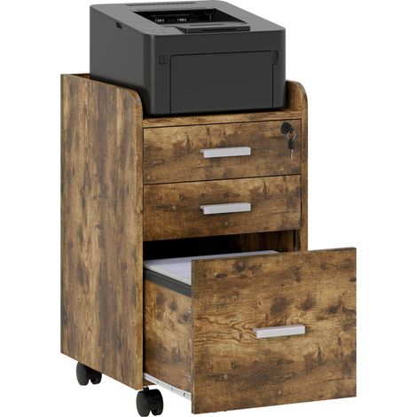 HOMCOM Mobile Filing Cabinet, Lockable File Cabinet with 2 keys Rustic Brown
