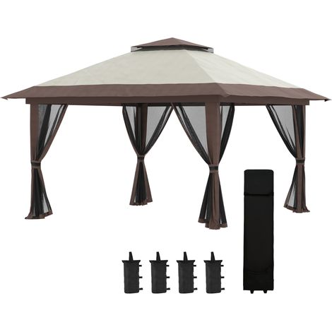 Gazebo pieghevole 4x4 m beige con doppio tetto, altezza regolabile e zanzariere (1/5)