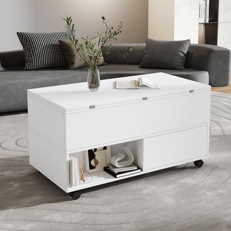Table basse relevable 3-en-1 100x50x52 cm,4 tiroirs,roulettes,rangement caché,2 niches ouvertes,panneaux de particules,blanc mat (1/5)