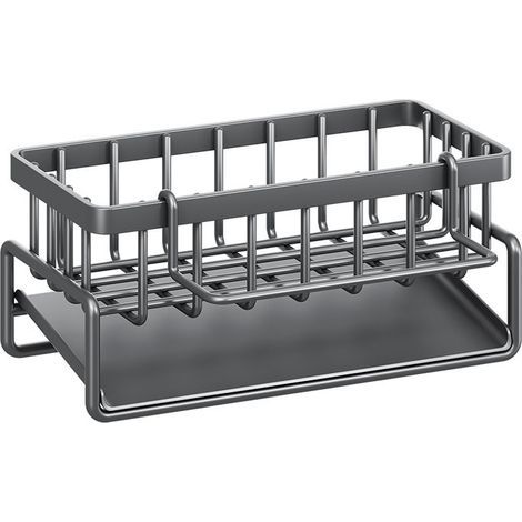 Caja de almacenamiento para el fregadero de la cocina con rejilla de drenaje automática y soporte para esponja, color gris. (1/5)