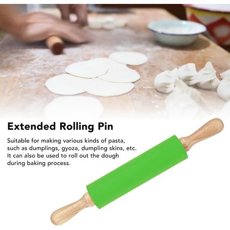 Rouleau à pâtisserie allongé en silicone avec manche en bois massif, rouleau à pâtisserie antiadhésif pour farine, rouleau à pâtisserie pour raviolis, outil de pâtisserie, vert. (1/5)