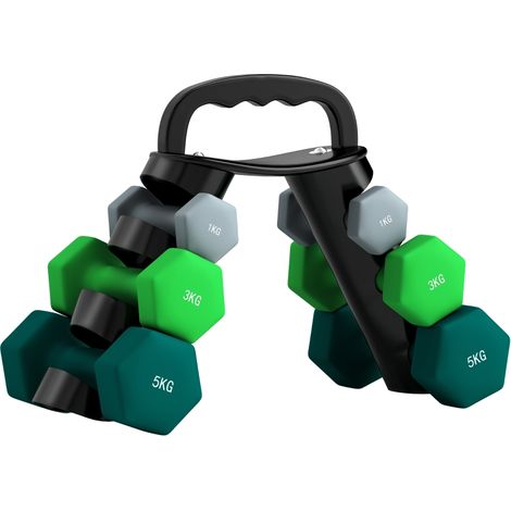 Ensemble d'haltères hexagonaux 2 x 1 kg, 2 x 3 kg, 2 x 5 kg avec support pratique pour musculation à domicile (1/5)