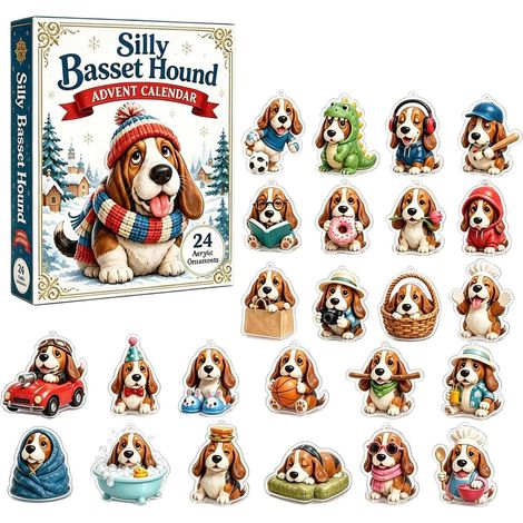 Lustiger Basset-Hound-Adventskalender – 24 Acryl-Weihnachtsbaumkugeln für einen überraschenden 24-tägigen Countdown – Einzigartige Welpenmotive in farbenfrohen Outfits – Für Hundeliebhaber und als Wei (1/5)