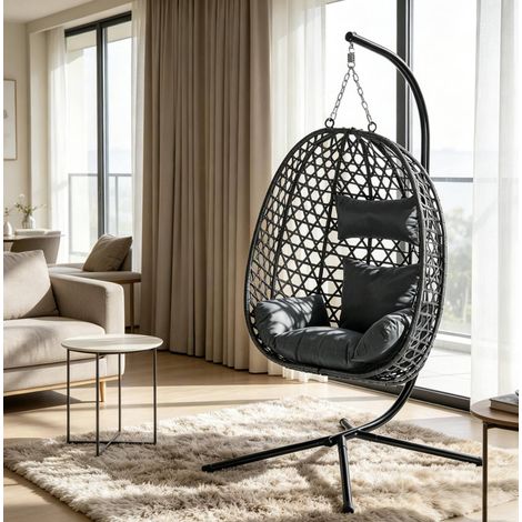 Hängesessel aus PE-Rattan und Metall in Dunkelgrau 105 x 105 x 195 cm mit Kissen und höhenverstellbar (1/5)