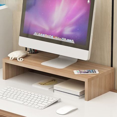 Support d'écran ergonomique pour ordinateur portable ou de bureau, avec espace de rangement supplémentaire et base surélevée, finition noyer clair. (1/5)