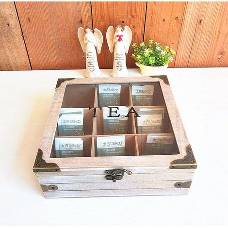 Boîte à thé décorative avec compartiment compartimenté (24 x 24 x 9 cm), multifonctionnelle pour la maison, la cuisine et le bureau, idéale comme cadeau pour les amis. (1/5)