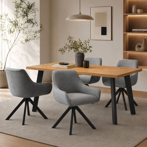 GOEURVANT Esstisch-Set 4 Personen (1 Tisch Wildeiche-Optik, 4 Stühle Taubengrau Leinen-Optik, 360° drehbar, schwarze Beine) – Ergonomischer Sitzkomfort (1/5)