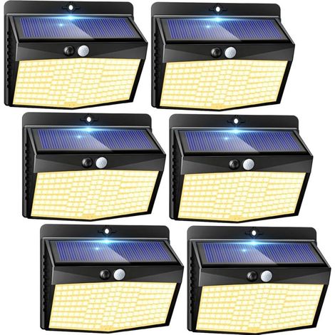 Lampe Solaire Exterieur Detecteur de Mouvement Lot de 6, LED Lumiere Extérieur avec Détecteur, 3 Modes/etanche Spot Solaire, Eclairage Extérieure pour Jardin Murale Garage, Blanc Chaud (1/5)