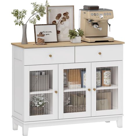 Buffet de cuisine avec 2 tiroirs et 2 placards à portes vitrées, en bois, 100 x 35 x 80,3 cm, blanc et chêne (1/5)