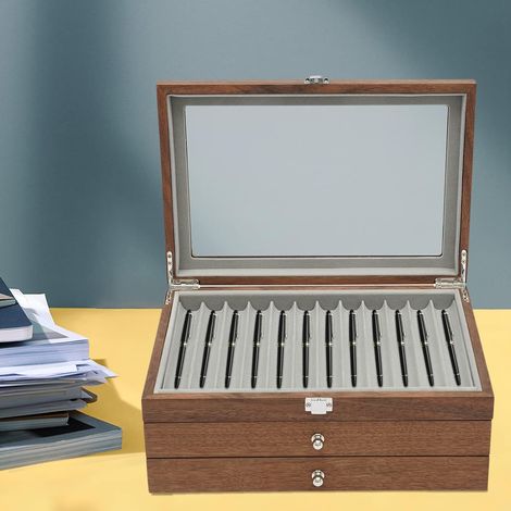 34-Slot-Stift-Display-Box, Holz-Stiftbehälter 3-Schichtige praktische Stiftbehälter mit zwei Schubladen und transparentem Acryl-Deckel zur Aufbewahrung von Stiften (Nussholz) (1/5)