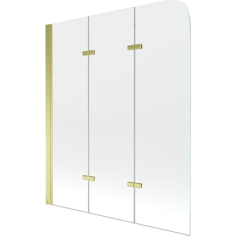 Mampara de Bañera 3 hojas Vidrio transparente, 120x140 cm, Perfil dorado