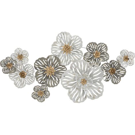 Pannello decorativo da parete Lory a fiori in ferro bianco, grigio e oro 140x74 cm