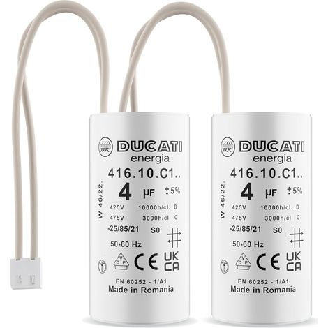 Ducati Energia – Lot de 2 condensateurs 4 uF pour moteur de volet roulant Bubendorff – Durée de vie 10 000 heures – Connecteurs intégrés – Plastique gris