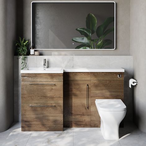 Napoli 390 Tobacco Oak 1500mm 2 Drawer Vanity Unit Toilet Suite with Left Hand Square Lucia Basin - 1500mm - Chrome 320mm HandleWith Kingston Toilet Pan and Seat
