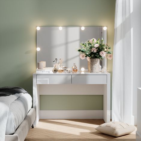 Schminktisch Annabelle, Weiß Hochglanz/Weiß, 110 cm mit Spiegel und Lampen, Vicco