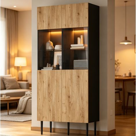 Vitrine 80x35x180 cm noir et naturel en MDF avec verre trempé, LED et rangements (1/4)