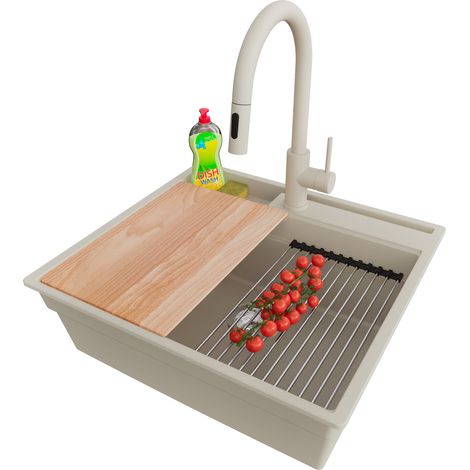 PRIMAGRAN Evier Cuisine en Granit 58x53cm,Lavabo 1 bac + Robinet 40x20cm + Kit de Vidage + Accessoires, Évier à Encastrer au meuble 60cm - Oslo Pocket, Beige (1/5)