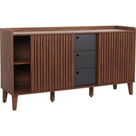 Credenza HHG-417, cassettiera, ante scorrevoli, legno di mango MDF 81x150x40cm, color noce, cassetti grigio scuro (1/5)