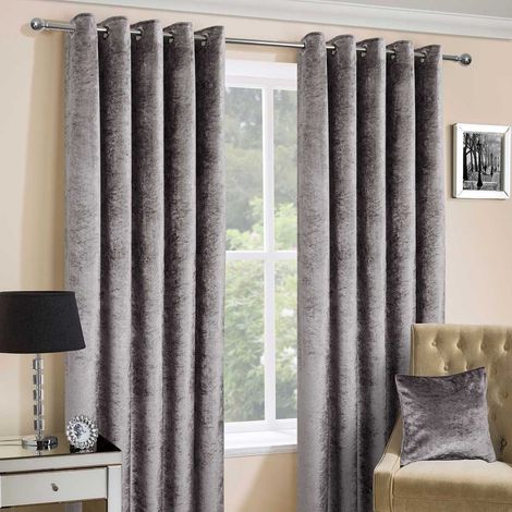HOMESCAPES Silver Luxury Crushed Velvet Lined Eyelet Curtain Pair, 66 x 72"