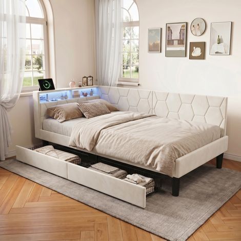 Cama individual 90x200 mm – Cama individual – Cabecero con espacio de almacenamiento – Iluminación LED – Interfaces USB y Tipo C – Base de láminas – Terciopelo beige (1/5)