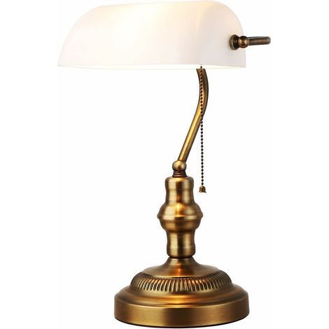 Lampe de table rétro, Blanc Lampe de Bureau en Verre pour Banquier, Avec base en laiton, Chaîne Interrupteur, pour Bureaux, Salles D'études, Chambres à Coucher, Bibliothèques (1/5)