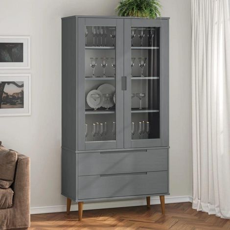 Vitrinenschrank mit 2 Schubladen und 4 Fächern aus Kiefernholz, grau (1/5)