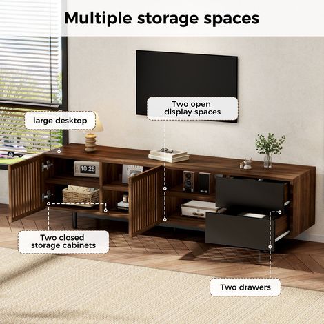 Meuble TV 160 cm Meuble de Salon aspect noyer et noir structure en MDF portes à lames tiroirs intégrés compartiments ouverts (1/4)