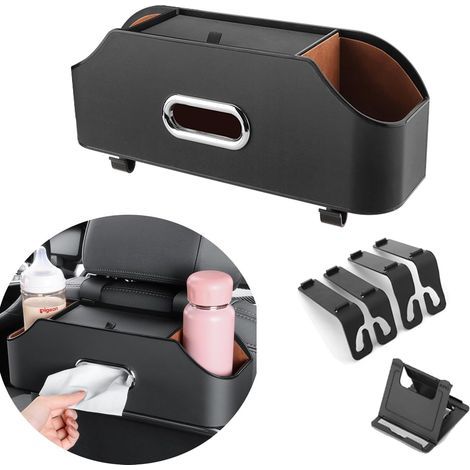 Organisateur de siège arrière de voiture avec 2 porte-gobelets et boîte à mouchoirs, boîte de rangement suspendue à l'appui-tête avec crochets et support pour téléphone (noir). (1/5)