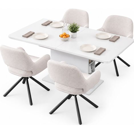 ELVMI Set Tavolo e Sedie con 1 Tavolo Estensibile e 4 Sedie, Vani Contenitore, Pannelli Truciolari, Bianco (1/5)