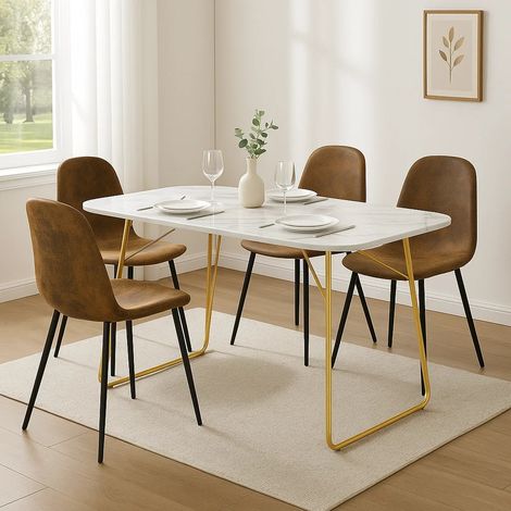 URBAN MEUBLE Ensemble de salle à manger élégant avec table extensible effet marbre blanc et chaises en faux suède – EDDAINS+CHARLTON SUEDE BROWN (1/5)