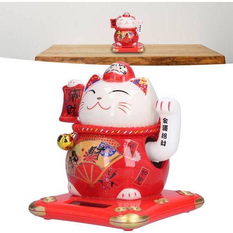 Figura de cerámica de gato de la suerte, Maneki-Neko, 14 cm, para oficina, coche o como decoración del hogar. (1/5)