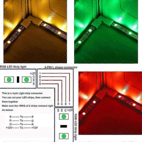10 connecteurs d'angle rapides LED 4 broches en forme de L, 10 connecteurs LED 4 broches pour bandes LED SMD 5050 RGB de 10 mm de large (blanc) (1/4)