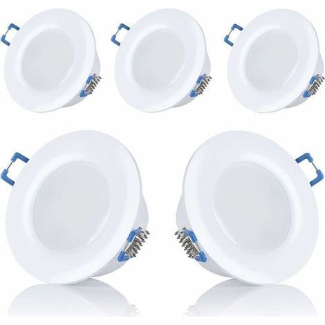 Lot de 5 spots LED, encastrables, pour salle de bain, IP44, 230 V, ultra plats, 5 W, disponibles en blanc chaud et blanc froid, ronds, blanc, pour salle de bain,Diamètre d'ouverture : 75-80mm [Classe (1/4)