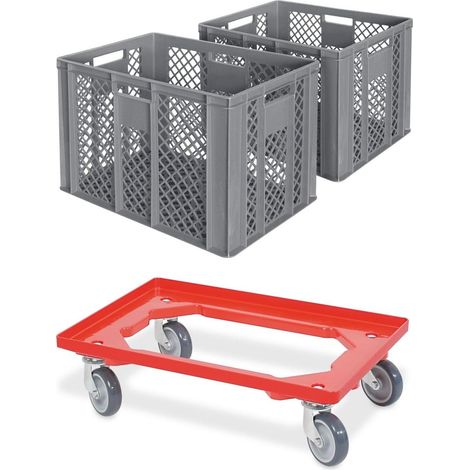 BRB Lot de 2 bacs euro/caisses de boulangerie, L x l x H 600 x 400 x 410 mm avec chariot de transport (gris)