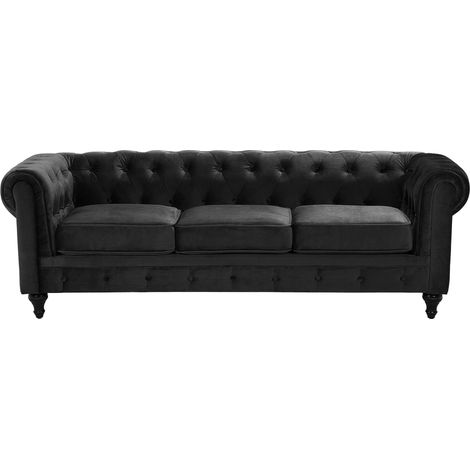 Divano vintage a 3 posti in tessuto nero Chesterfield (1/5)
