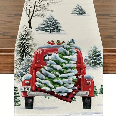 33 x 90 cm, Tischdecke mit Weihnachtsbaum- und Automotiv, Weihnachtstischdekoration, für drinnen und draußen