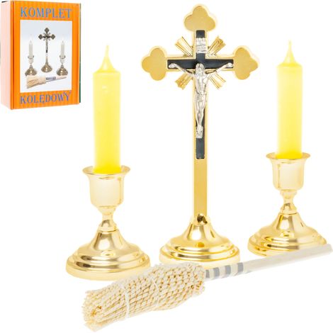 Juego de villancicos dorados, cruz tradicional, candelabros y aspersor, 19 cm (1/5)