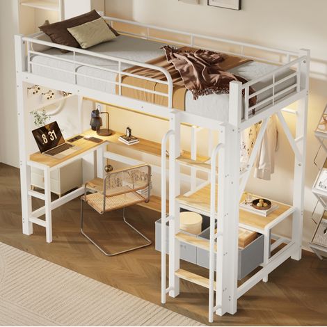 Cama alta infantil 90 x 200 cm con escritorio, almacenamiento, LED y USB, blanco HAVRYA (1/5)