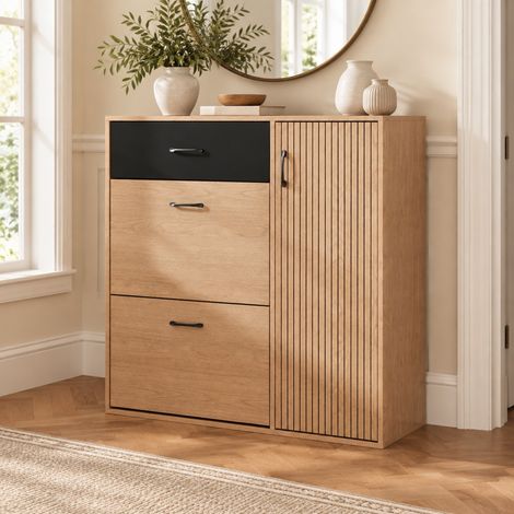 Zapatero con 1 cajón, 2 abatibles, 100 x 35 x 106 cm, color madera natural/negro OKMYHOME (1/5)