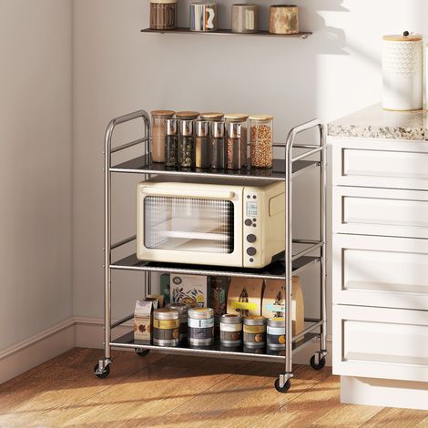 Carrello da cucina a 3 ripiani in acciaio inox (201) con maniglie e ruote, 60 x 35 x 77 cm, argento