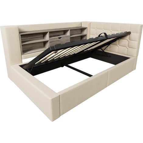 Cama tapizada 90x190 cm con LED, almacenamiento hidráulico, cabezal en L reversible, beige HOMVRA (1/5)